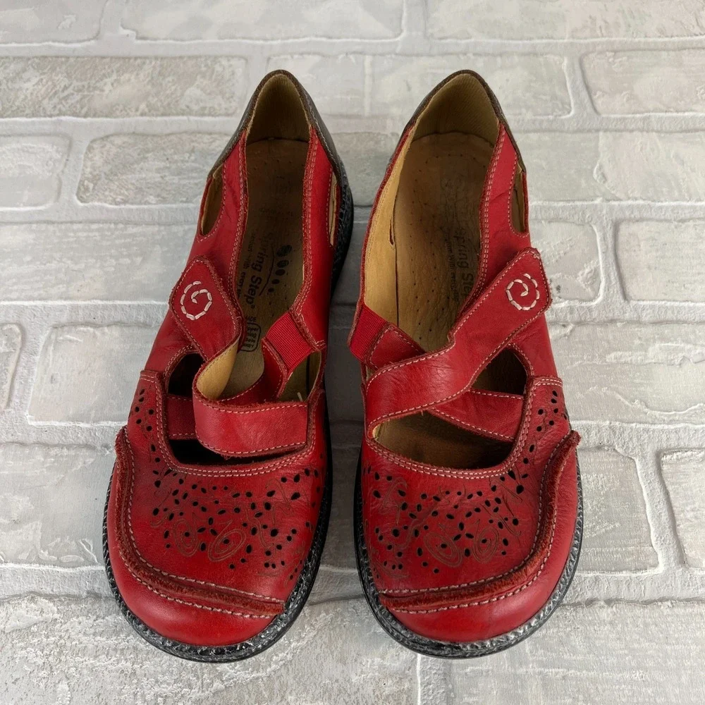 SPRING‎ STEP Womens 40 9 Red Leather Strappy Flats Artsy Boho Cut-Out Comfort